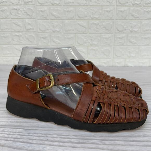 Trader Bay Sandal WMNS 9 Brown Open Weave Leather Woven Buckle Strap Vintage 90s - Picture 1 of 6